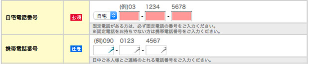 親バレせずにクレジットカードを発行するため申込フォームには自分の携帯電話番号のみ記入