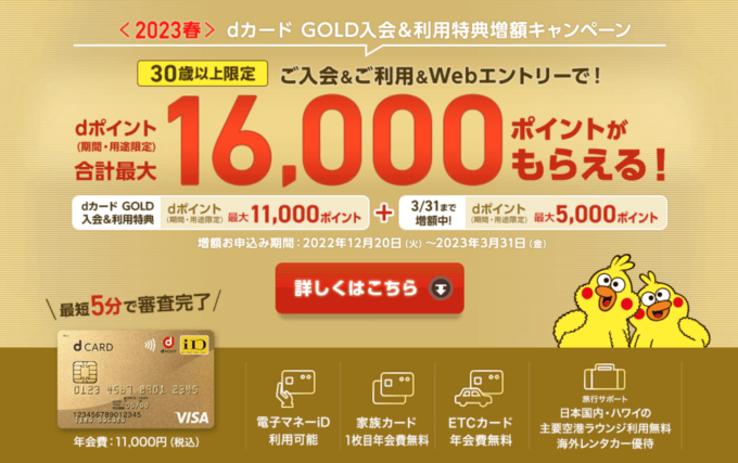 dカード GOLDの入会キャンペーンがお得！2023年3月も最大16,000ポイントプレゼント【29歳以下の方はさらにお得】