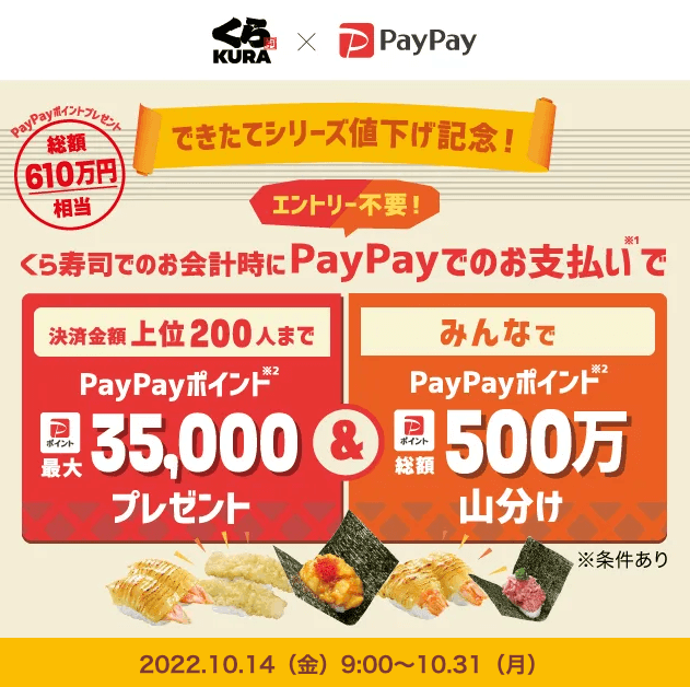 「できたてシリーズ」値下げ記念！くら寿司×PayPayグランプリが開催中！2022年10月31日（月）まで