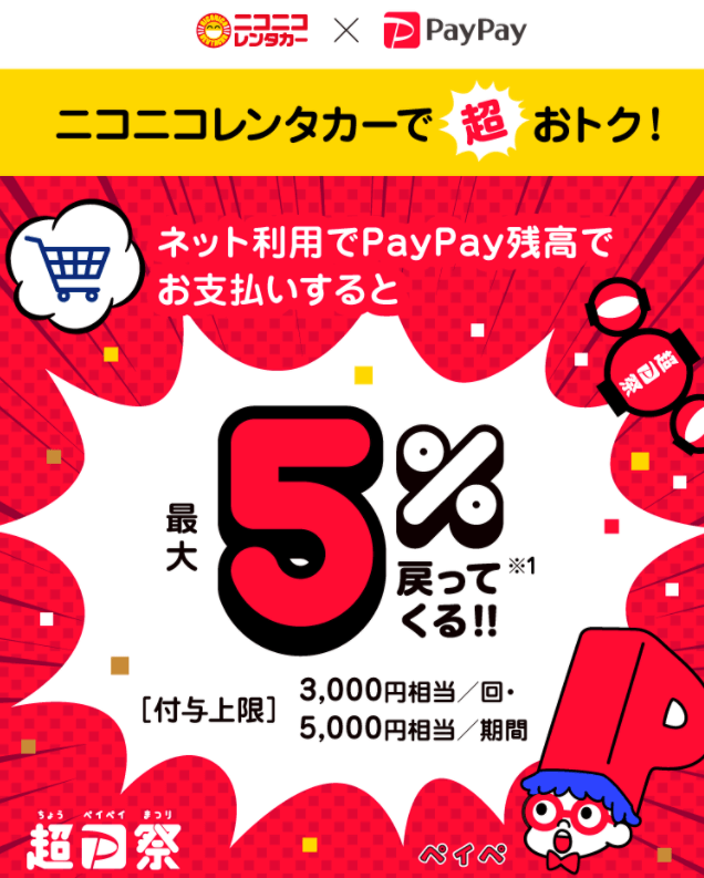 ニコニコレンタカーでPayPay（ペイペイ）がお得！2021年11月28日（日）まで最大15%戻ってくる