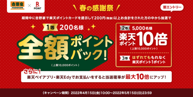 吉野家で楽天ポイントがお得！2022年5月15日（日）まで抽選で全額ポイントバック