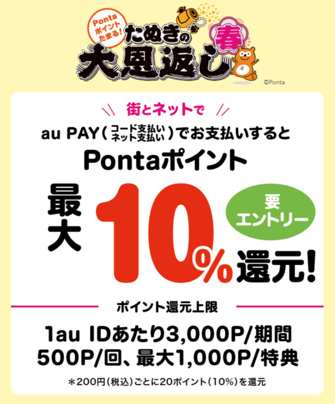 au PAY「たぬきの大恩返し 春」！2022年3月15日（火）まで