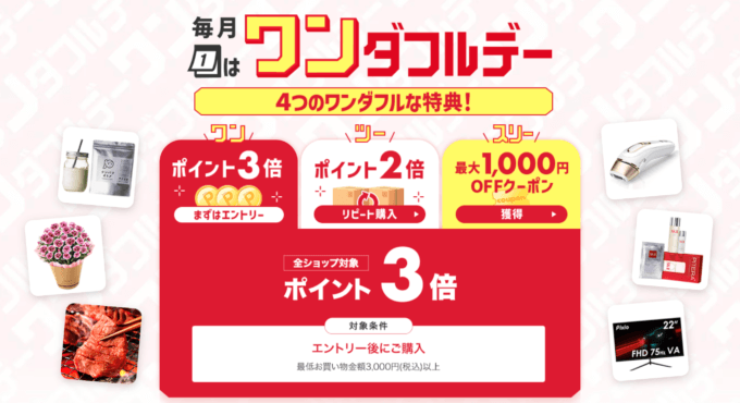 楽天市場のワンダフルデーが開催中！2024年4月1日（月）は楽天市場で最大ポイント3倍