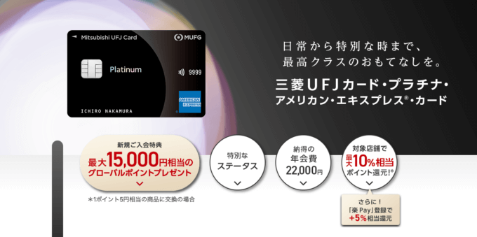三菱UFJカード・プラチナ・アメリカン・エキスプレス®・カードの入会キャンペーンがお得！2023年12月も最大15,000円相当のグローバルポイントプレゼント