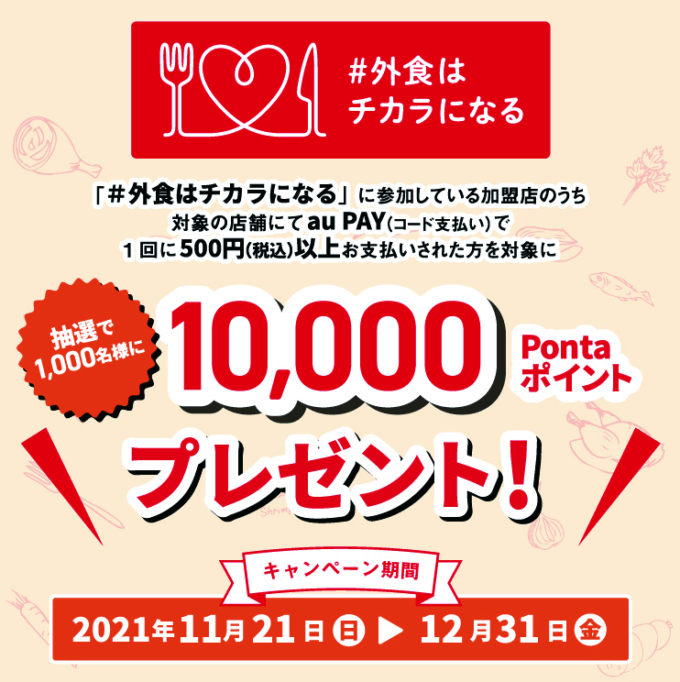 au PAY（auペイ）で「#外食はチカラになる」！2021年12月31日（金）まで抽選で10,000ポイントプレゼント