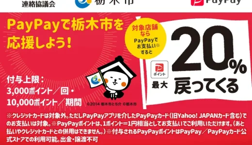 栃木市でPayPay（ペイペイ）がお得！2022年11月15日（火）まで最大20％戻ってくるキャンペーン実施中