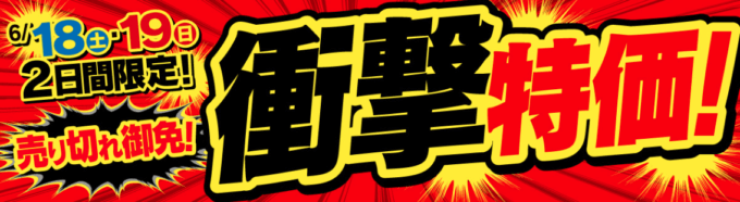 2022年6月18日(土)・19日(日)の2日間限定!衝撃特価【売り切れ御免】