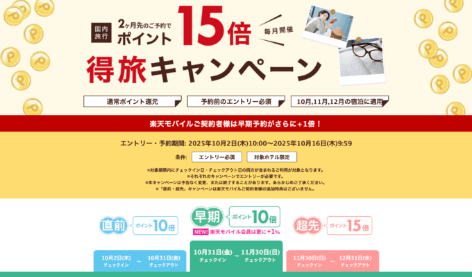 楽天トラベルの得旅キャンペーンが開催中！2025年10月16日（木）までのエントリー・予約期間