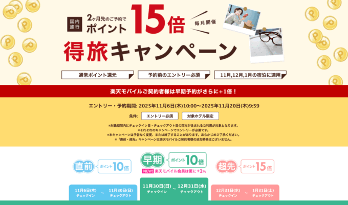 楽天トラベルの得旅キャンペーンが開催中！2025年11月20日（木）までのエントリー・予約期間