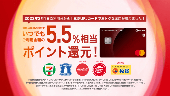 三菱UFJカードの5.5%ポイント還元優遇加盟店まとめ！2023年2月1日（水）から松屋やピザハット、コカ・コーラ自販機が追加