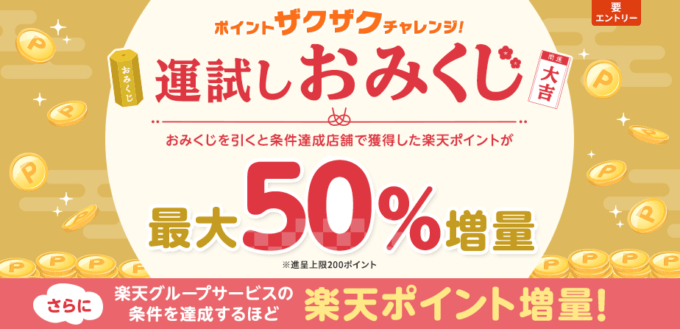 楽天ポイント ザクザクチャレンジが開催中！2023年1月31日（火）まで最大50%ポイント増量の運試しおみくじ