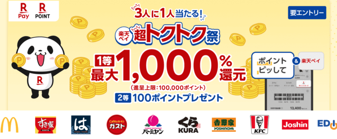 楽天ペイ 超トクトク祭が開催中！2024年1月5日（金）まで1等最大1,000%還元