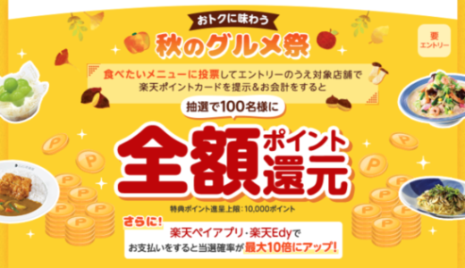 楽天ポイントカード 秋のグルメ祭の開催決定！2023年9月1日（金）から抽選で全額ポイント還元