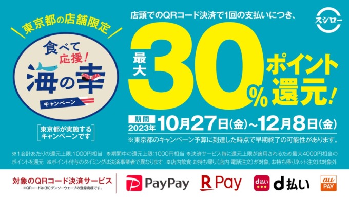 スシローが食べて応援！海の幸キャンペーンに参画中！2023年12月8日（金）まで最大30%のポイント還元