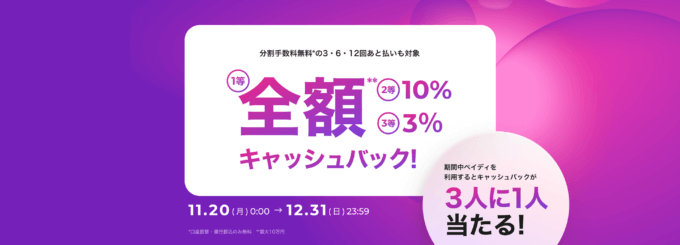 Paidy（あと払いペイディ）3人に1人当たる 全額キャッシュバックキャンペーンが開催中！2023年12月31日（日）まで