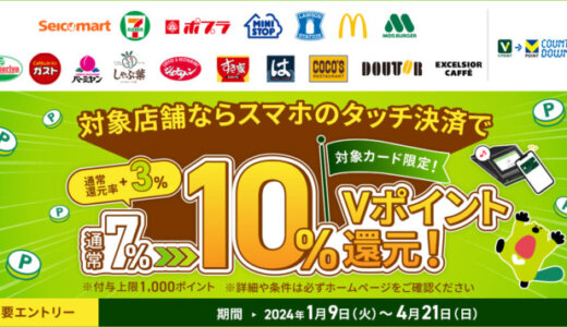 三井住友カード もれなく10％ポイント還元！対象のコンビニ・飲食店でスマホのタッチ決済を使おう！キャンペーンが開催中！2024年1月9日（火）から