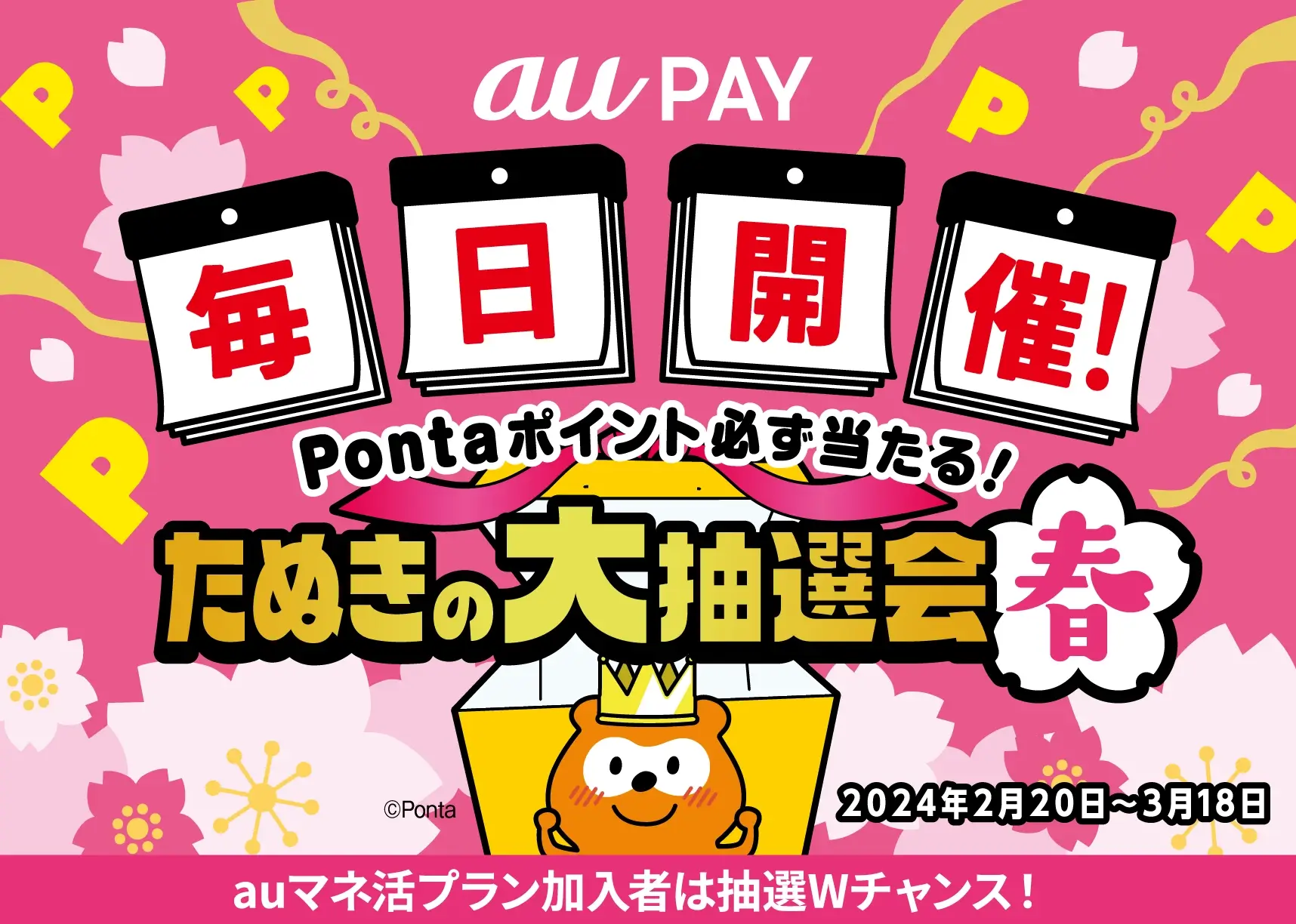 au PAY（auペイ）たぬきの大抽選会 春が開催中！2024年3月18日（月）まで最大3,000Pontaポイントが当たるチャンス【毎日開催】