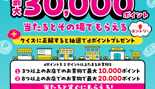 dポイントのお店を買いまわって抽選！最大30,000ポイント！当たるとその場でもらえるキャンペーンが開催中！2024年3月20日（水）まで