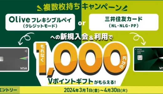 三井住友カード 複数枚持ちキャンペーンが開催中！2024年4月30日（火）まで対象カード入会・利用でもれなく1,000円相当のVポイントギフトプレゼント