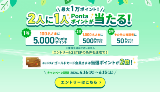 au PAYカード 最大1万ポイント 2人に1人Pontaポイントが当たるキャンペーンが開催中！2024年6月15日（土）まで