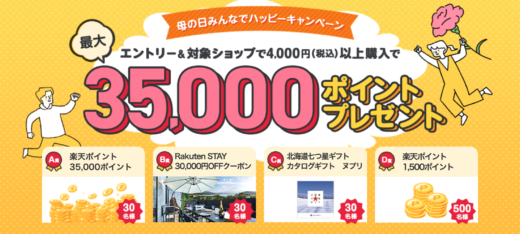 楽天市場 母の日みんなでハッピーキャンペーンが開催中！2024年5月13日（月）まで最大35,000ポイントプレゼント